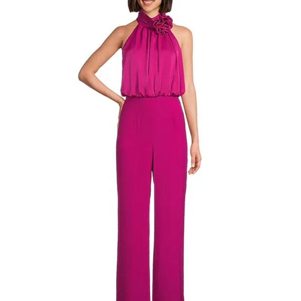 Eliza J Satin Magenta Rosette Embellished Mock Neck Blouson Jumpsuit Sz: 18